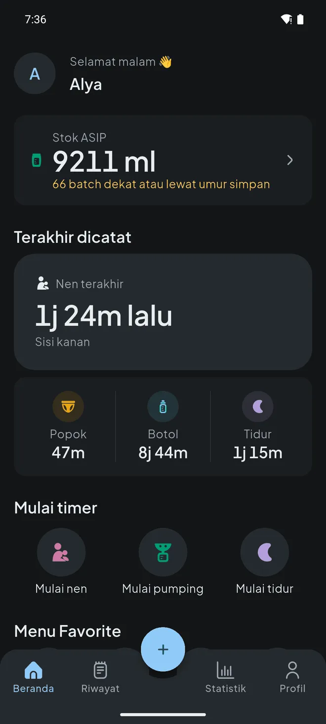 Layar Beranda Bayiku: “Nen terakhir 1j 20m lalu — kiri”