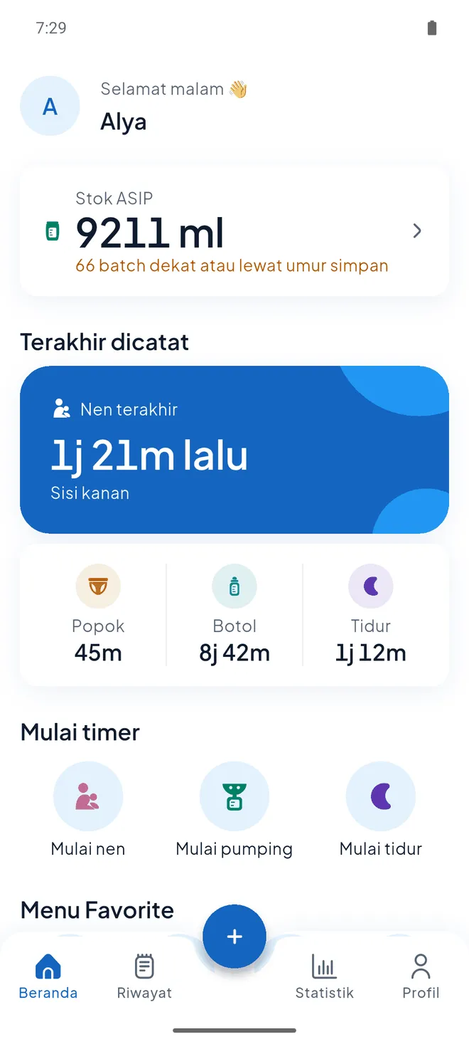 Layar Beranda Bayiku: “Nen terakhir 1j 20m lalu — kiri”